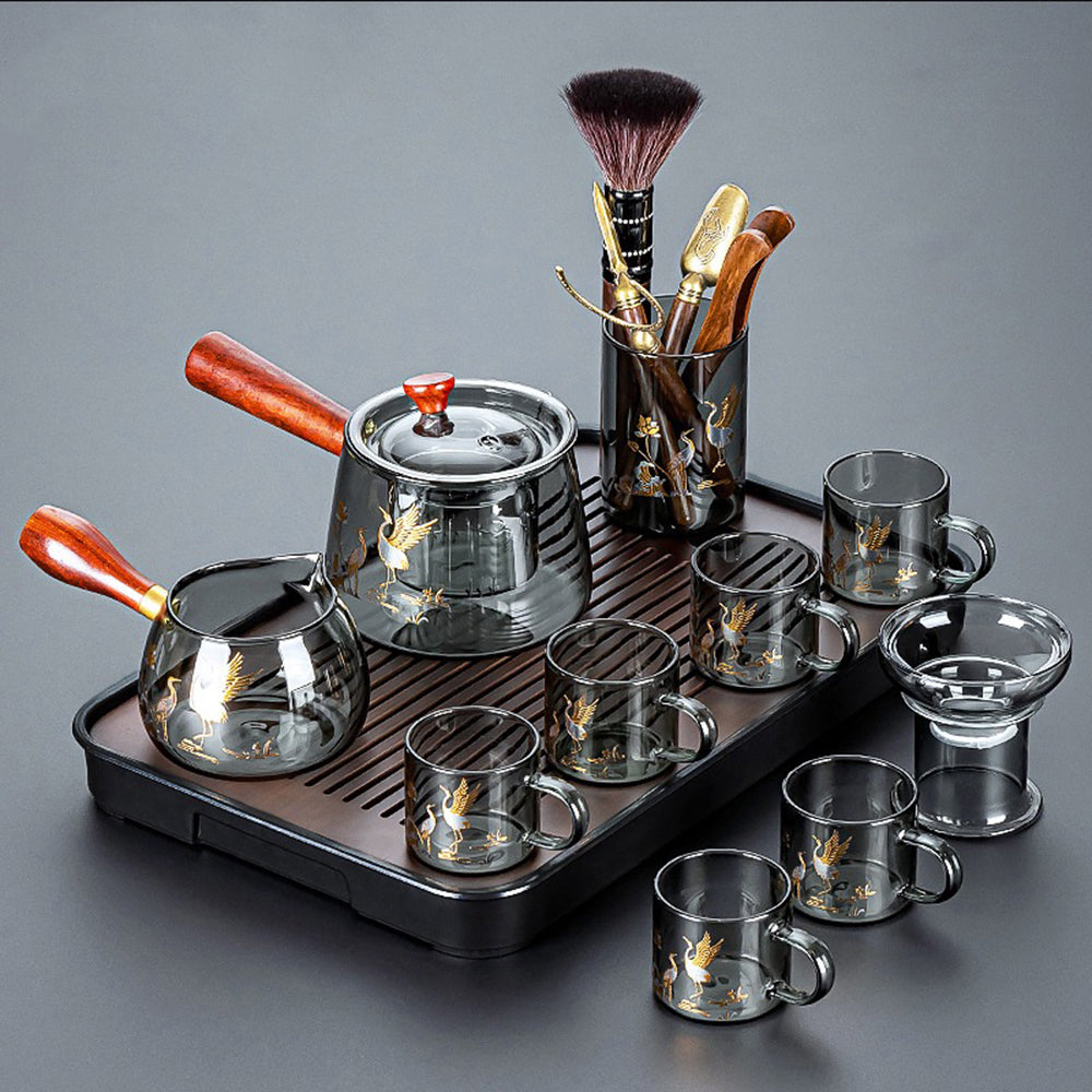 Elegant Crane Premium Glass Tea Set with Lid and Filter, featuring a beautiful crane design and heat-resistant glass.