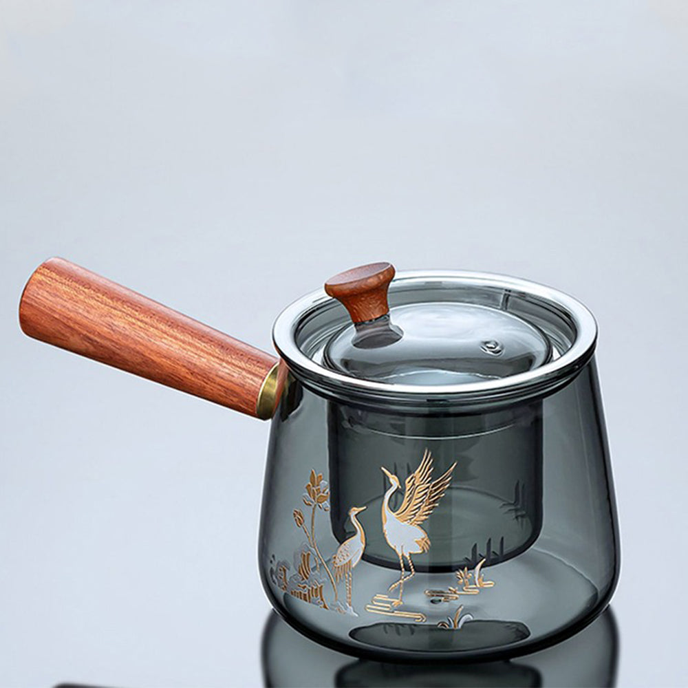 Elegant Crane Premium Glass Tea Set with Lid and Filter, featuring a beautiful crane design and heat-resistant glass.