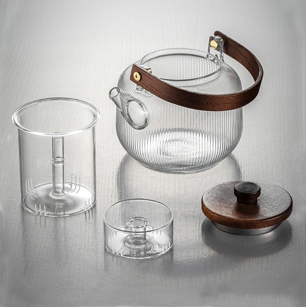 Elegant glass flower and fruit tea set with wooden tray