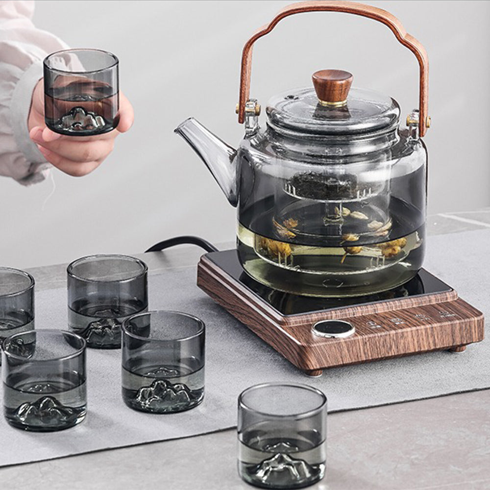Set of six tea cups and a tea tray arranged on a modern table, highlighting the stylish appearance of the tea set.