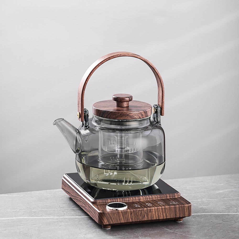 Electric kettle with digital display and touch controls, illustrating its user-friendly operation for tea brewing.