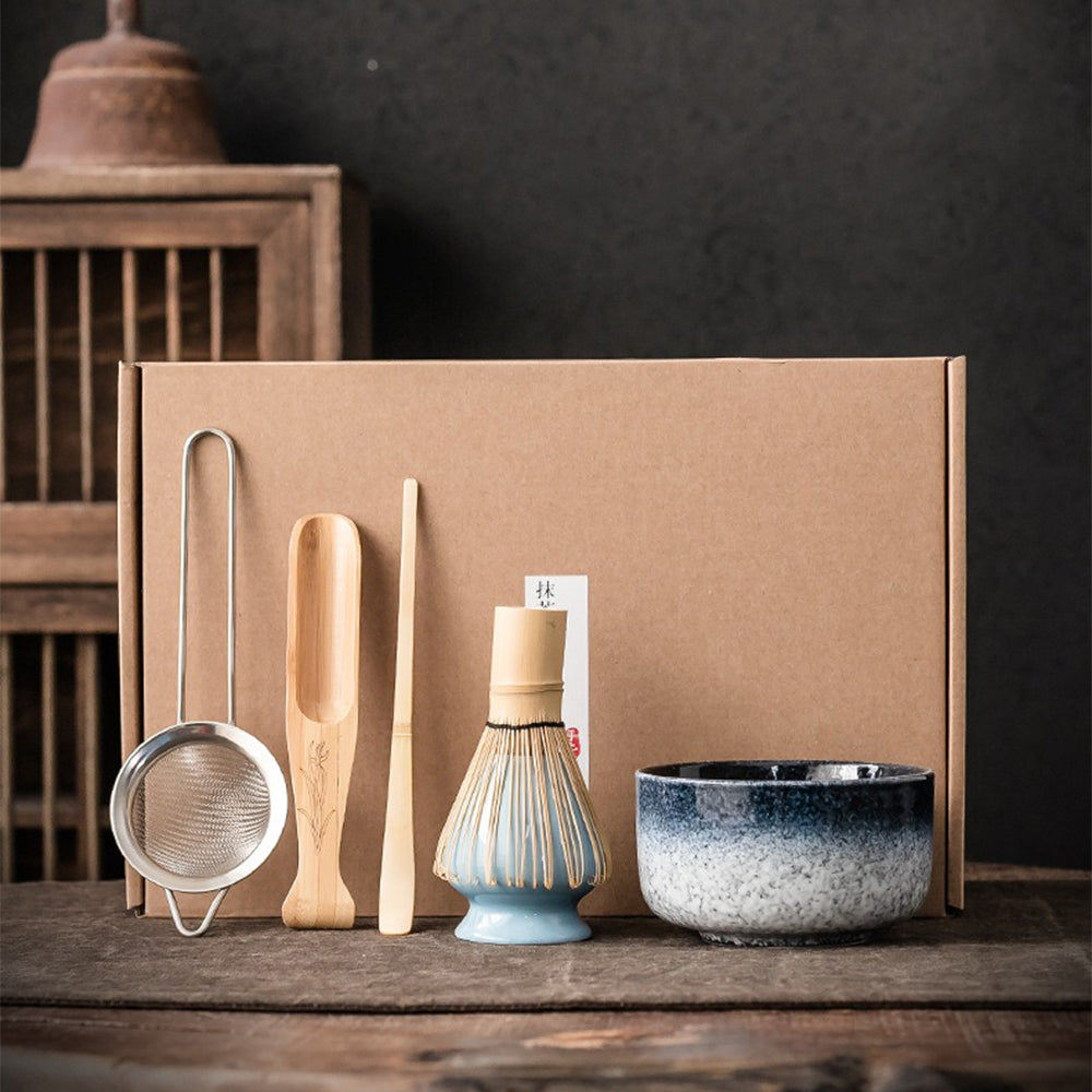 Close-up of the elegant matcha bowl showcasing its unique glaze and craftsmanship.
