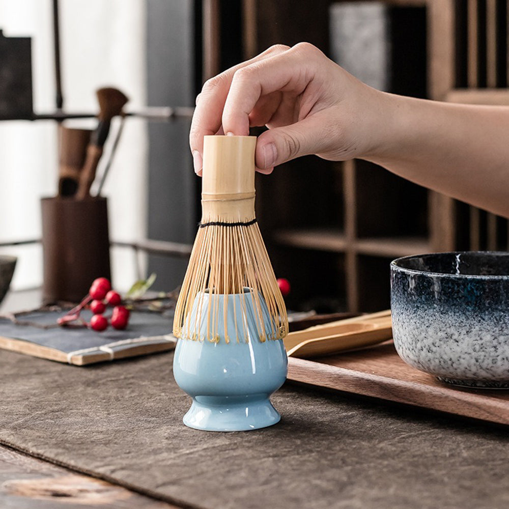 Close-up of the elegant matcha bowl showcasing its unique glaze and craftsmanship.