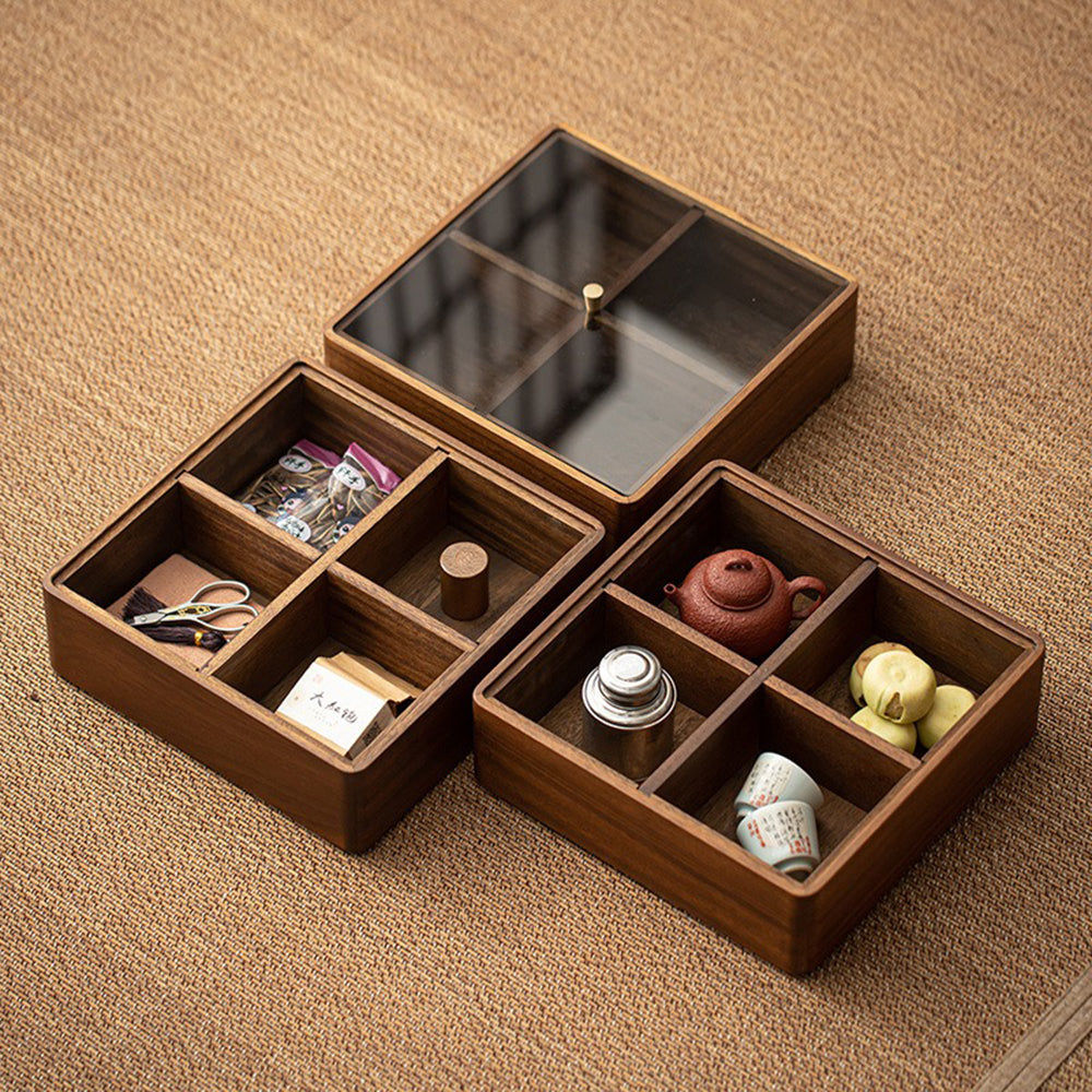 Front view of walnut wooden tea storage organizer showing multiple compartments