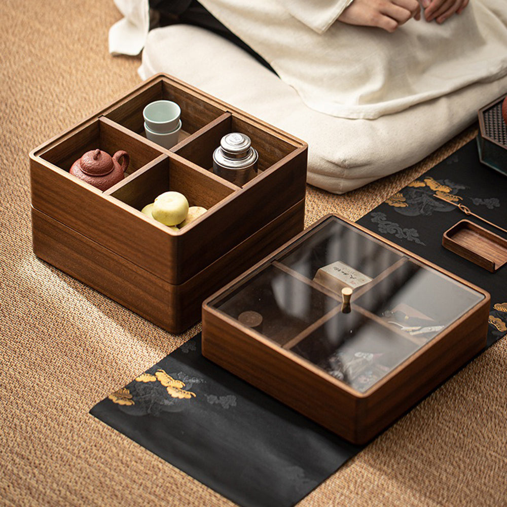 Close-up of the acrylic dust-proof lid on the multi-layer tea storage box
