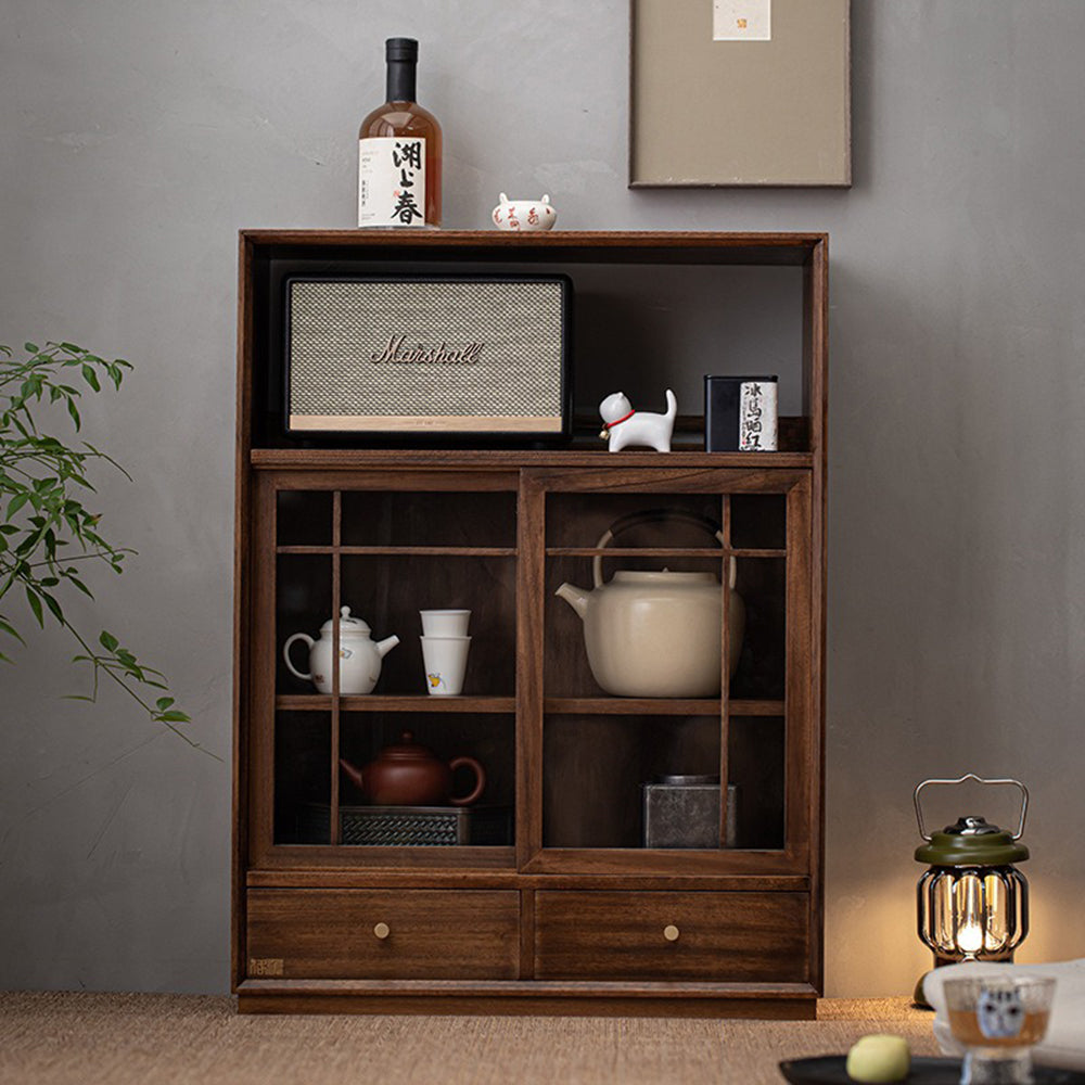 Front view of walnut solid wood display cabinet with glass doors and multiple compartments