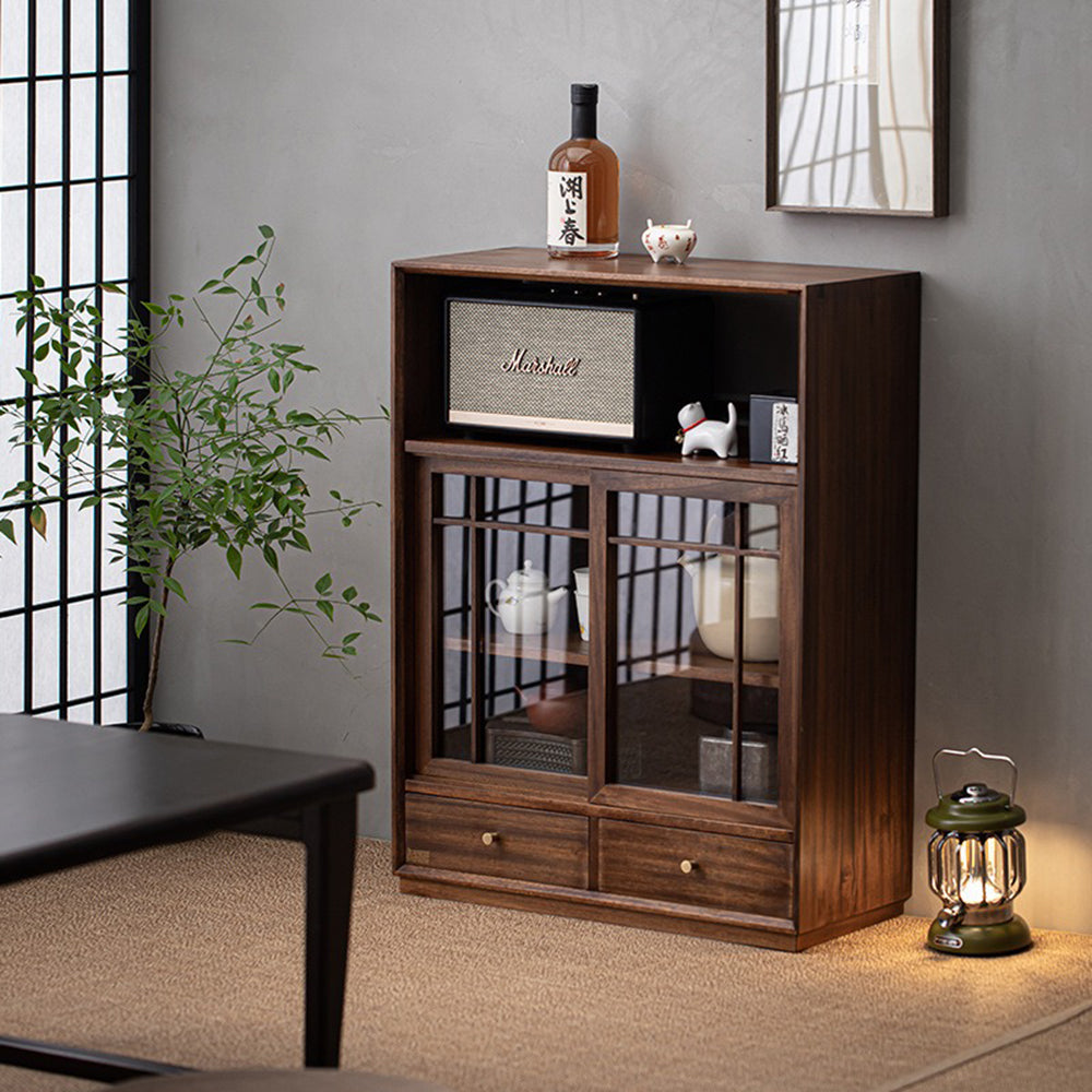 Interior view of the handmade wooden display shelf with glass doors showcasing decorative items