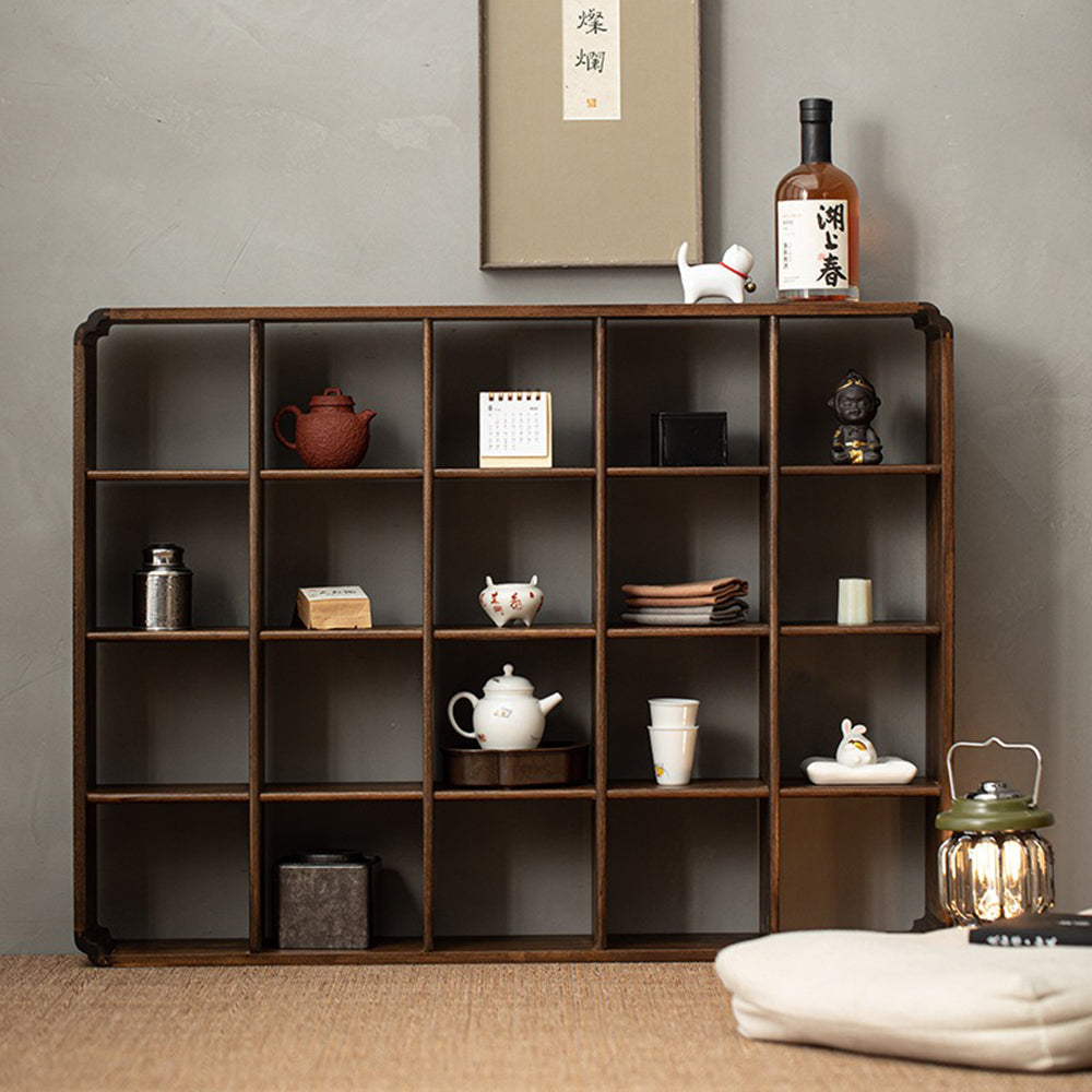 Walnut solid wood display cabinet showcasing crab-apple flower lace design from a side angle.