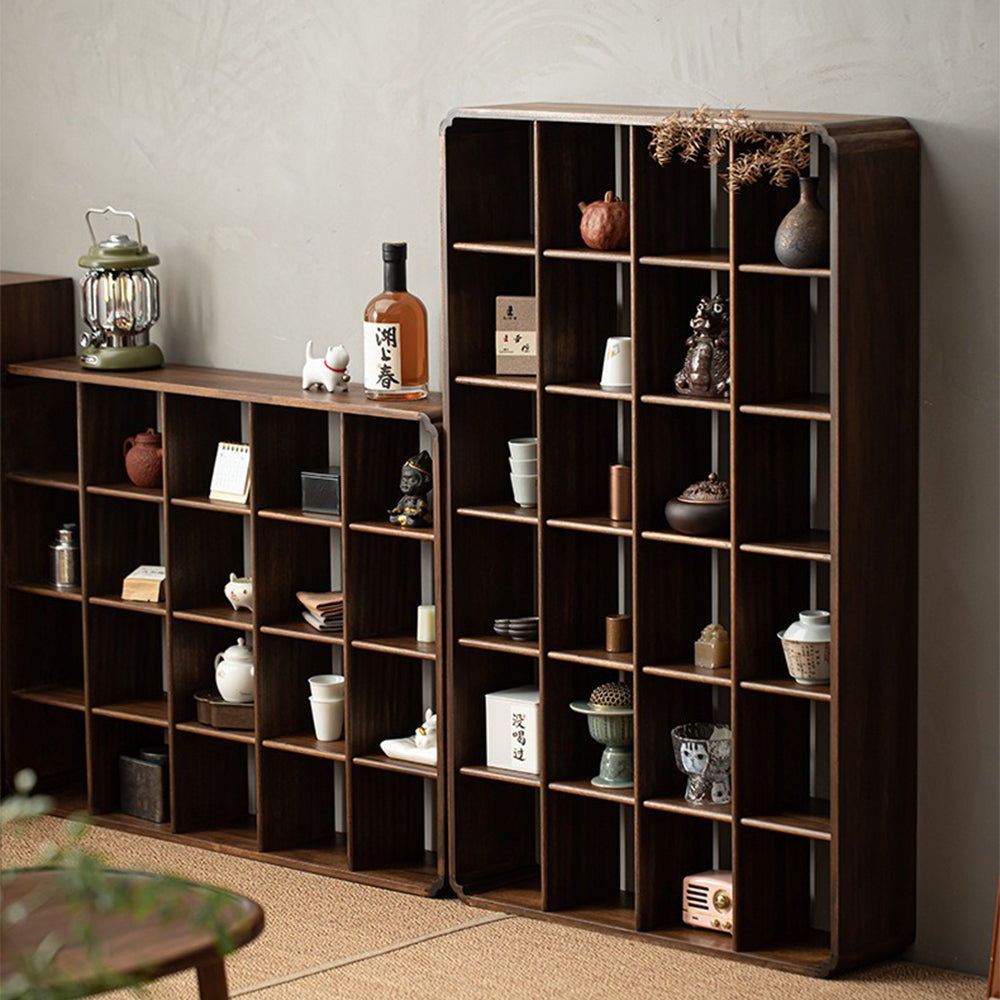 Elegant walnut furniture display cabinet hanging on the wall with a clean aesthetic.