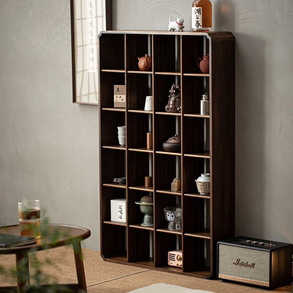 Walnut solid wood display cabinet showcasing crab-apple flower lace design from a side angle.