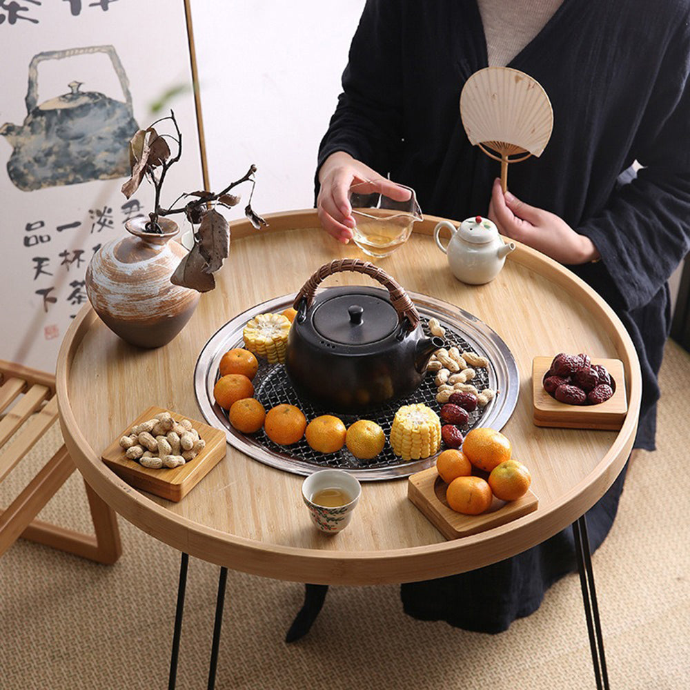 Walnut wood stove tea table set with grill and chairs for winter heating