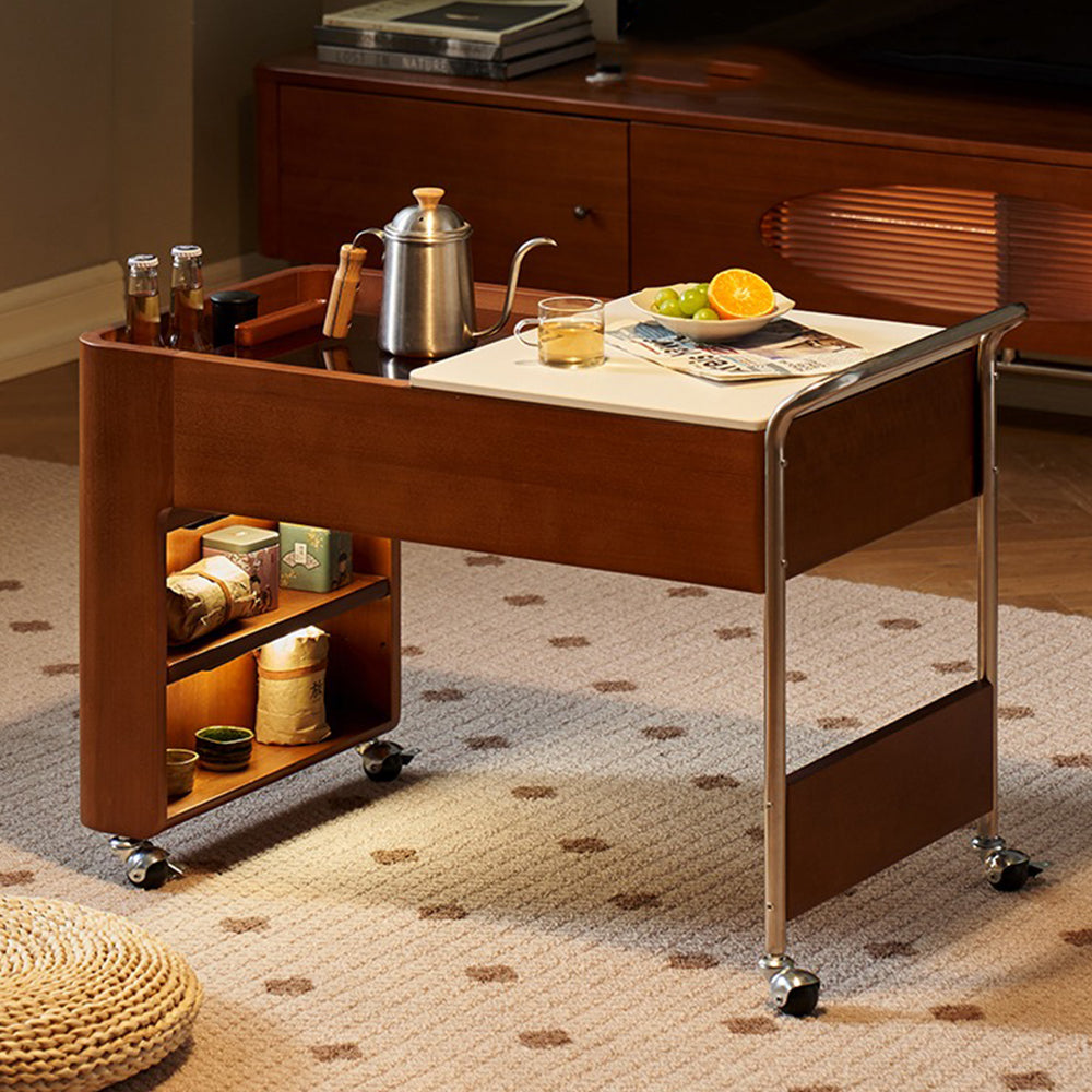 Portable wooden tea table with built-in stove for outdoor camping
