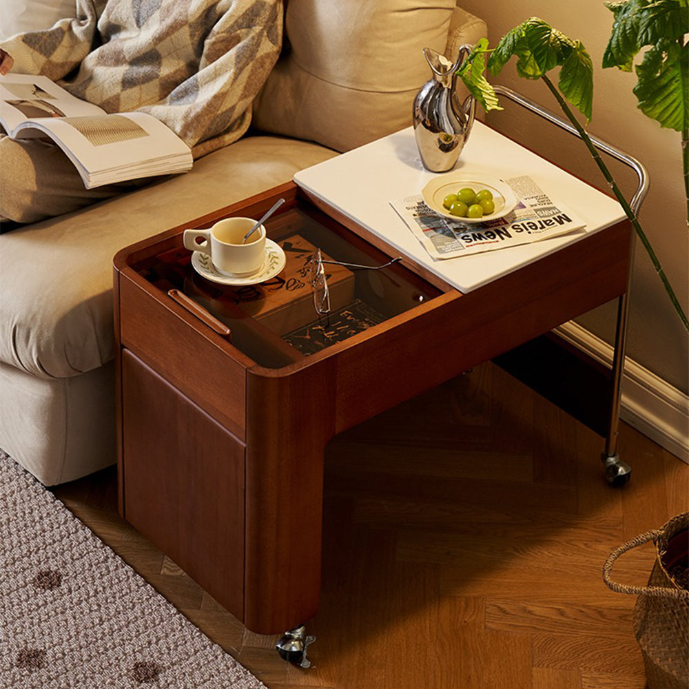Movable tea table with storage and adjustable side panel