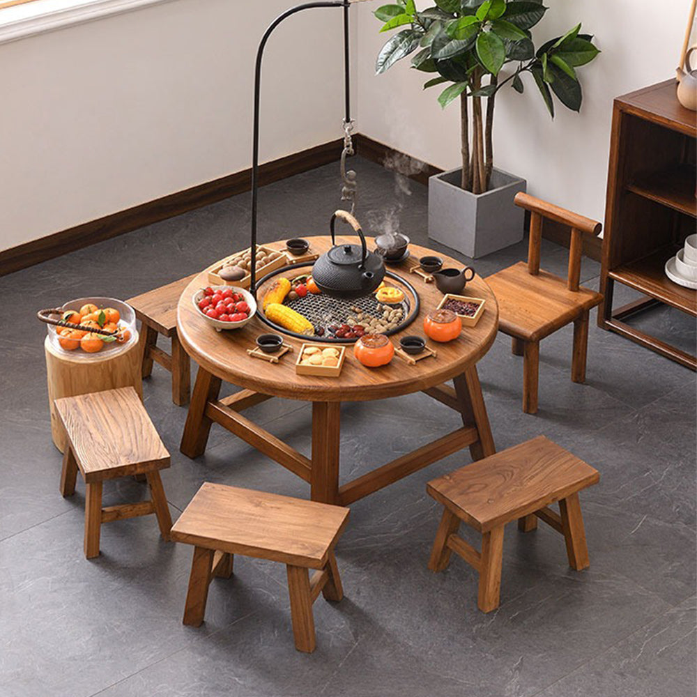 Vintage elm wood tea table with electric stove from an angle, perfect for tea time.