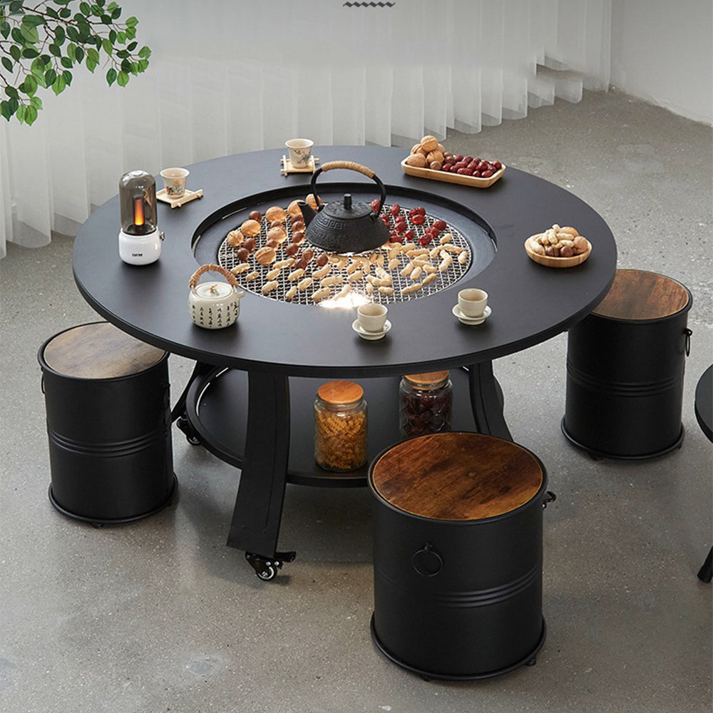 Indoor hearth and tea table with heat-resistant surface and storage compartments