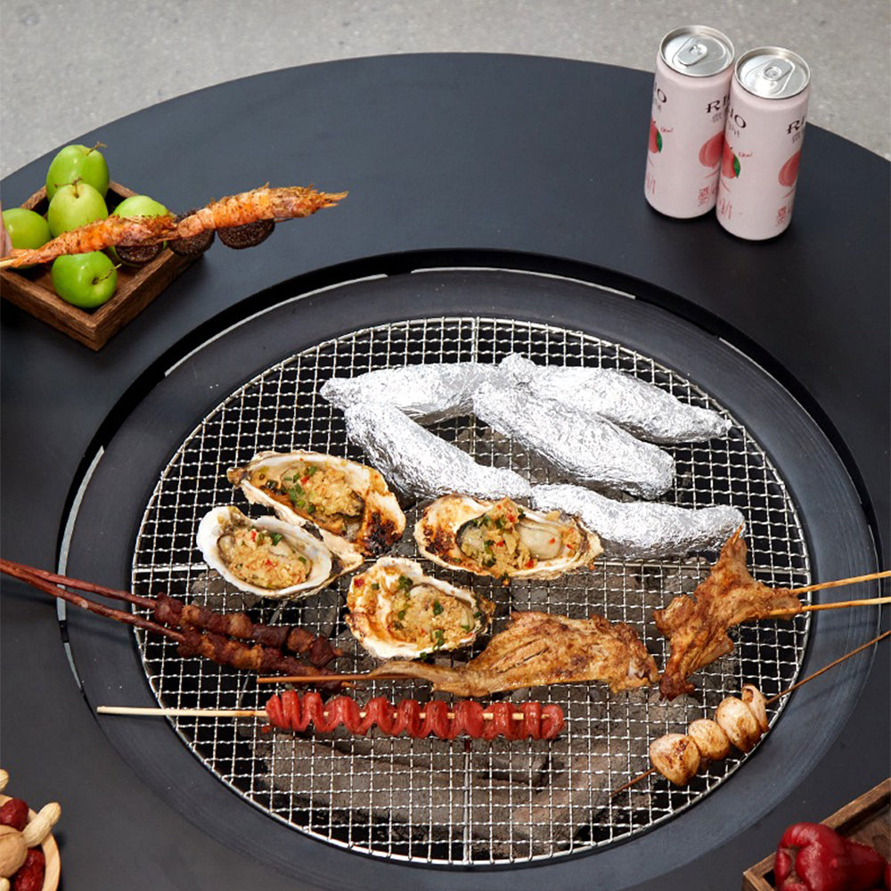 Stylish indoor hearth table with elevated stand and natural cast iron finish