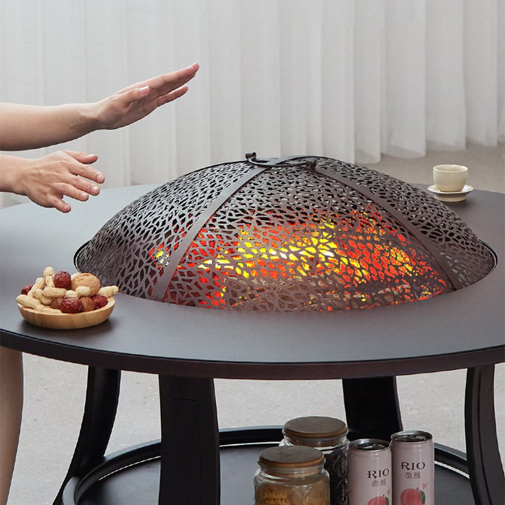 Indoor hearth and tea table with heat-resistant surface and storage compartments