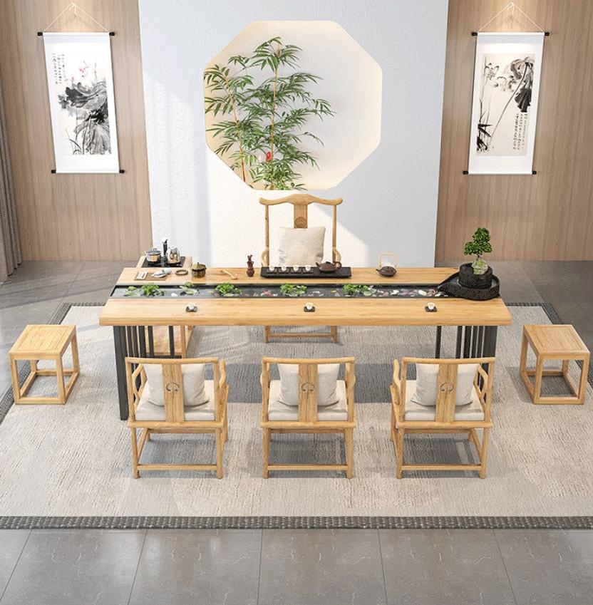 Spacious Chinese tea table set with water flowing feature for meditation and relaxation