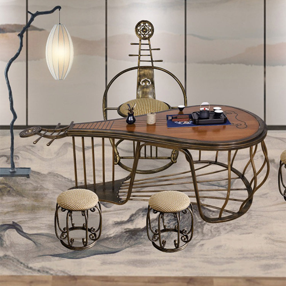 Close-up of handcrafted Chinese pipa tea table with iron legs for sale, showcasing detailed woodwork and traditional aesthetic