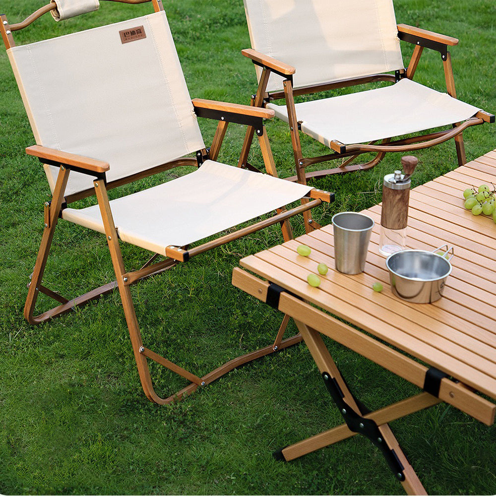 Close-up of eco-friendly camping chairs showcasing wooden texture.