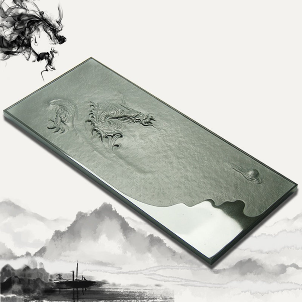 Detailed view of the Majestic Dragon Relief Gongfu Tea Tray highlighting its intricate carvings and textured surface.