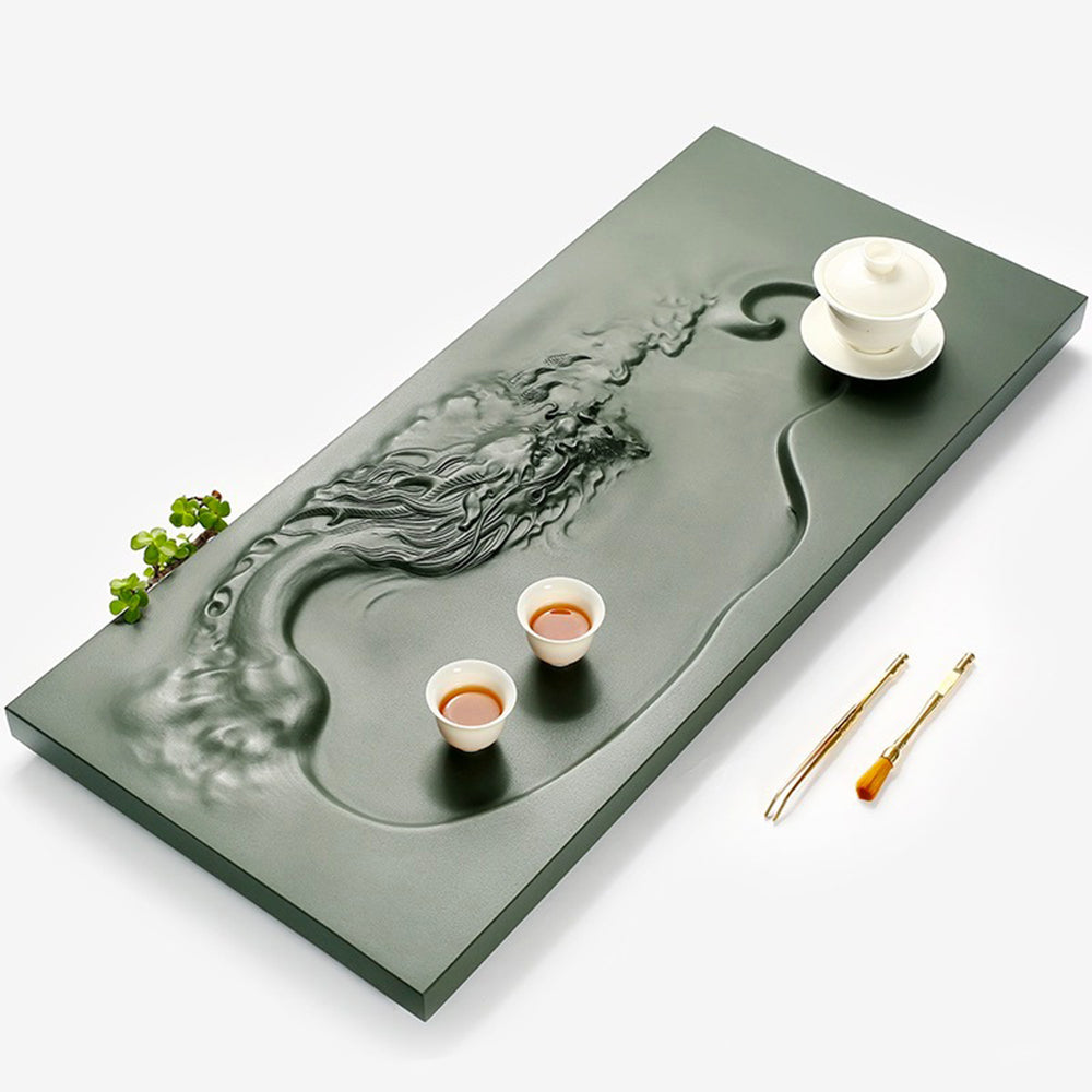 Front view of the Dragon Crest Tianluo green stone gongfu tea tray with detailed dragon carving