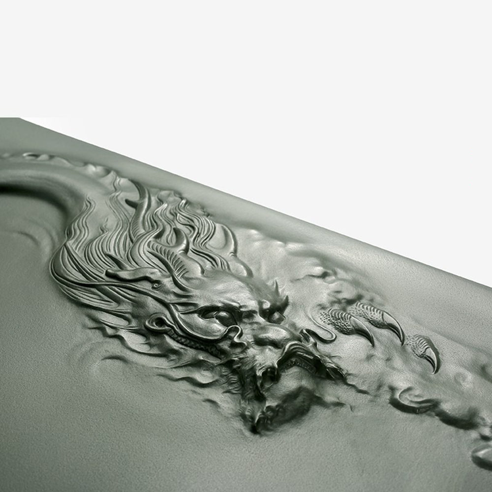 Front view of the Dragon Crest Tianluo green stone gongfu tea tray with detailed dragon carving
