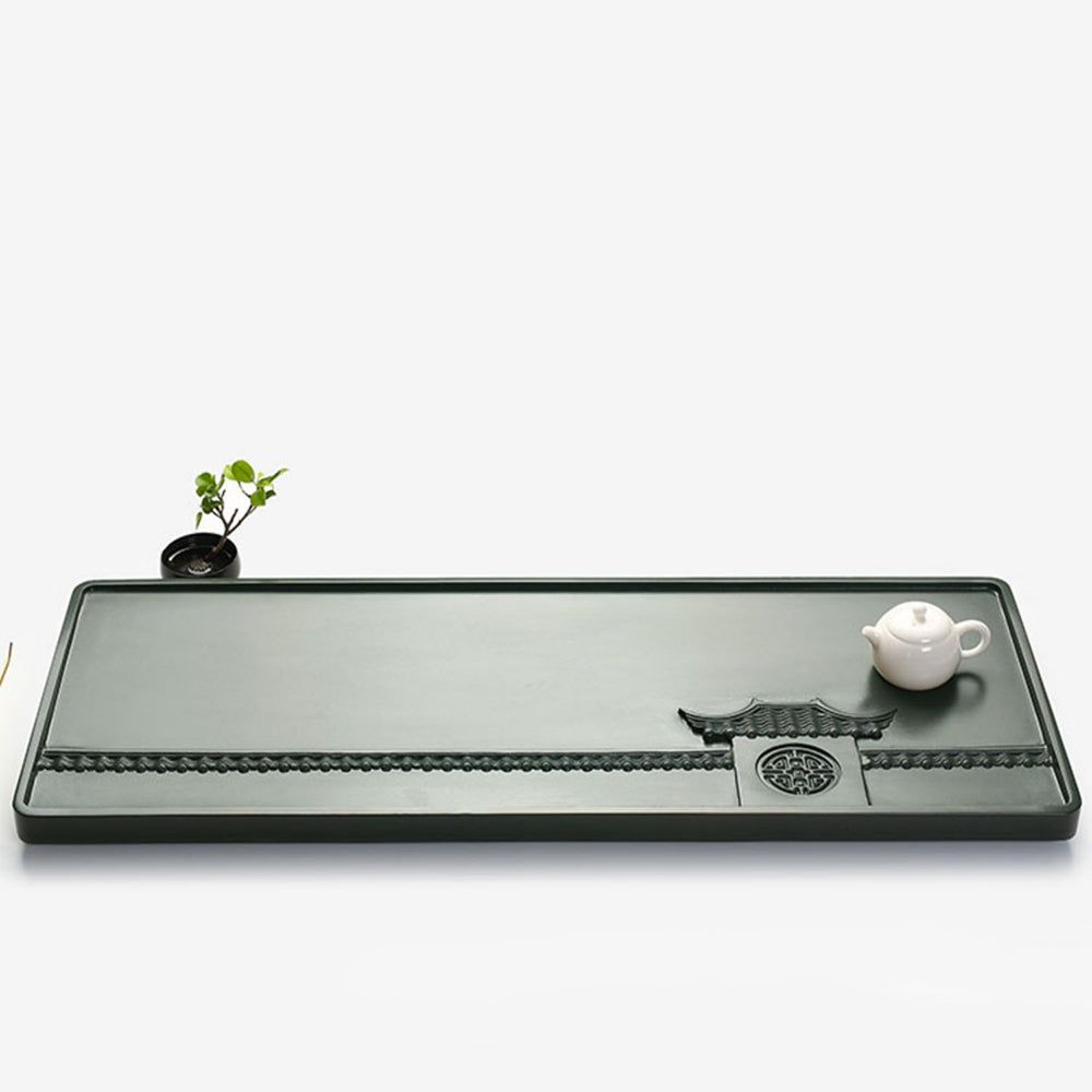 Tianluo Green stone tea tray from above, highlighting its intricate carvings.