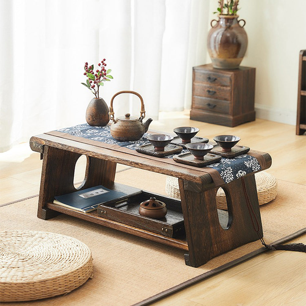 Top view of the solid wood Japanese low table with foldable legs, showcasing natural grain and craftsmanship.