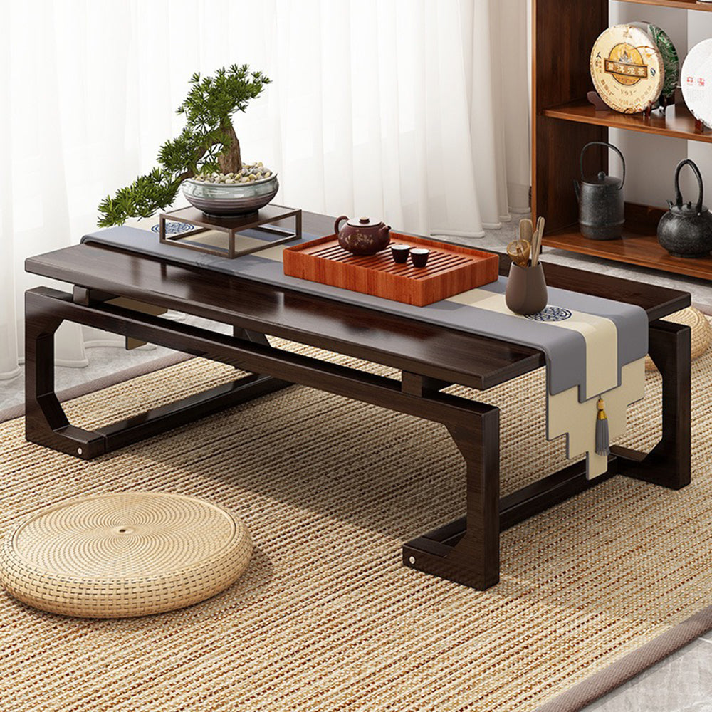 Close-up of bamboo low sitting coffee table with storage compartments