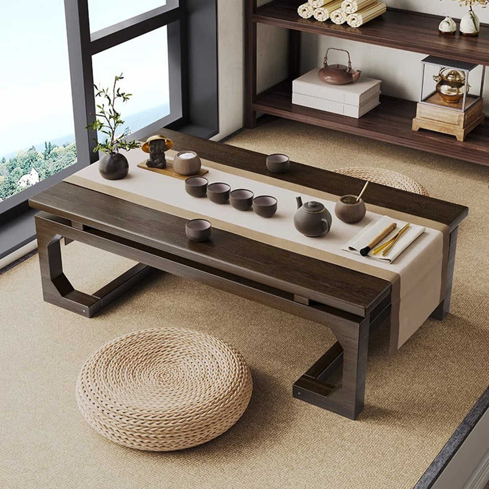 Living room setup featuring a Japanese tatami coffee table with cushions