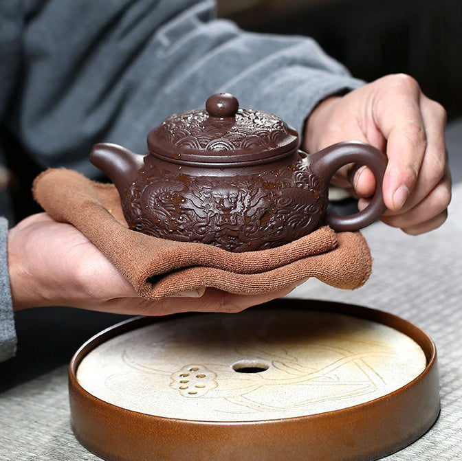 Full view of the luxury purple clay dragon teapot gift box, perfect for tea lovers.