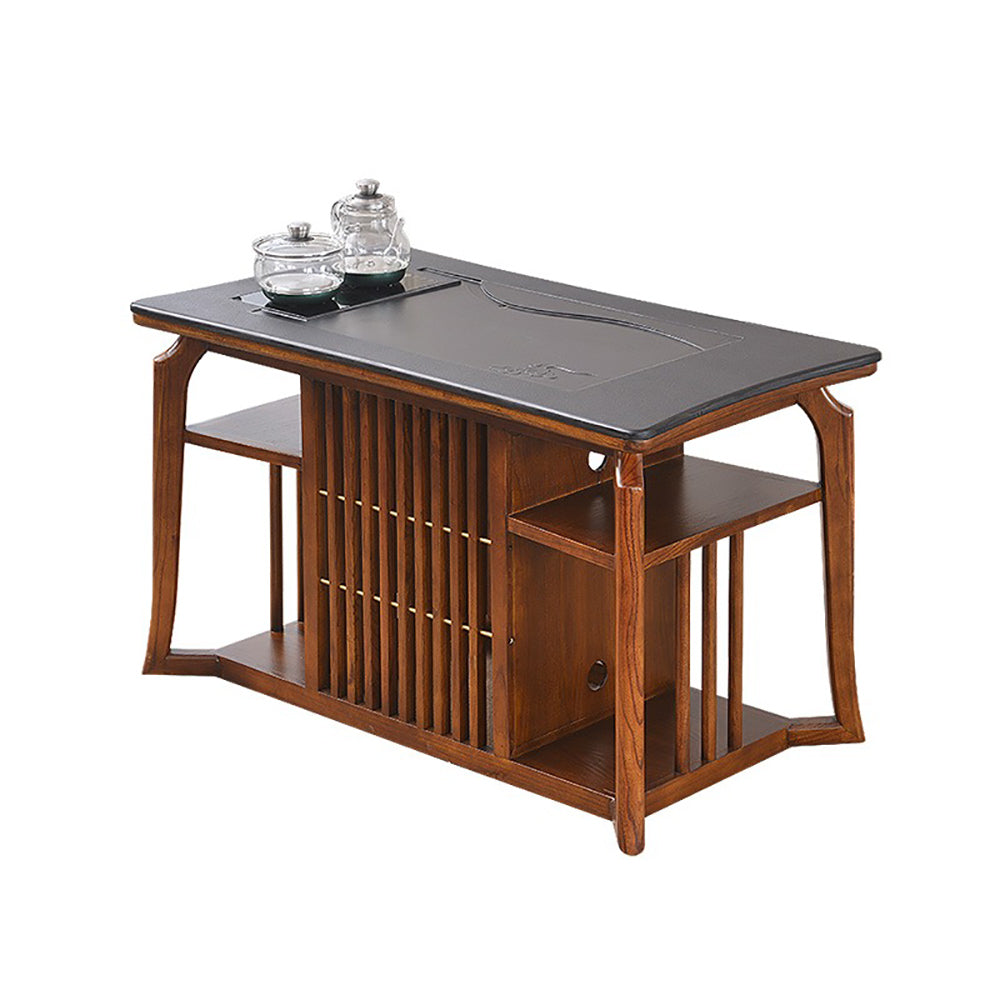 Side view of the wooden tea table showing its rounded corners and metallic connectors