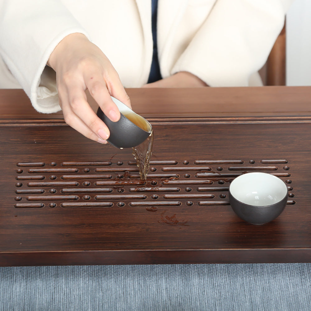 View of the bamboo tea tray set up for a traditional tea ceremony