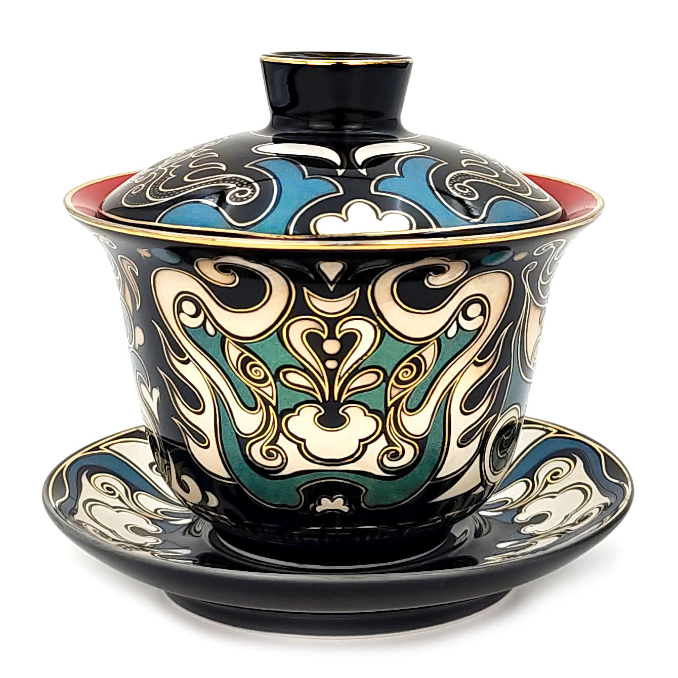 Lianpu Gaiwan tea set showcasing Peking Opera mask artistry from a side view.