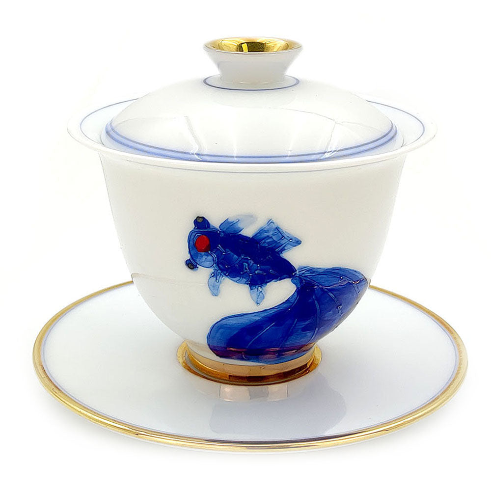 Blue and white porcelain Gaiwan with goldfish pattern, detailed view