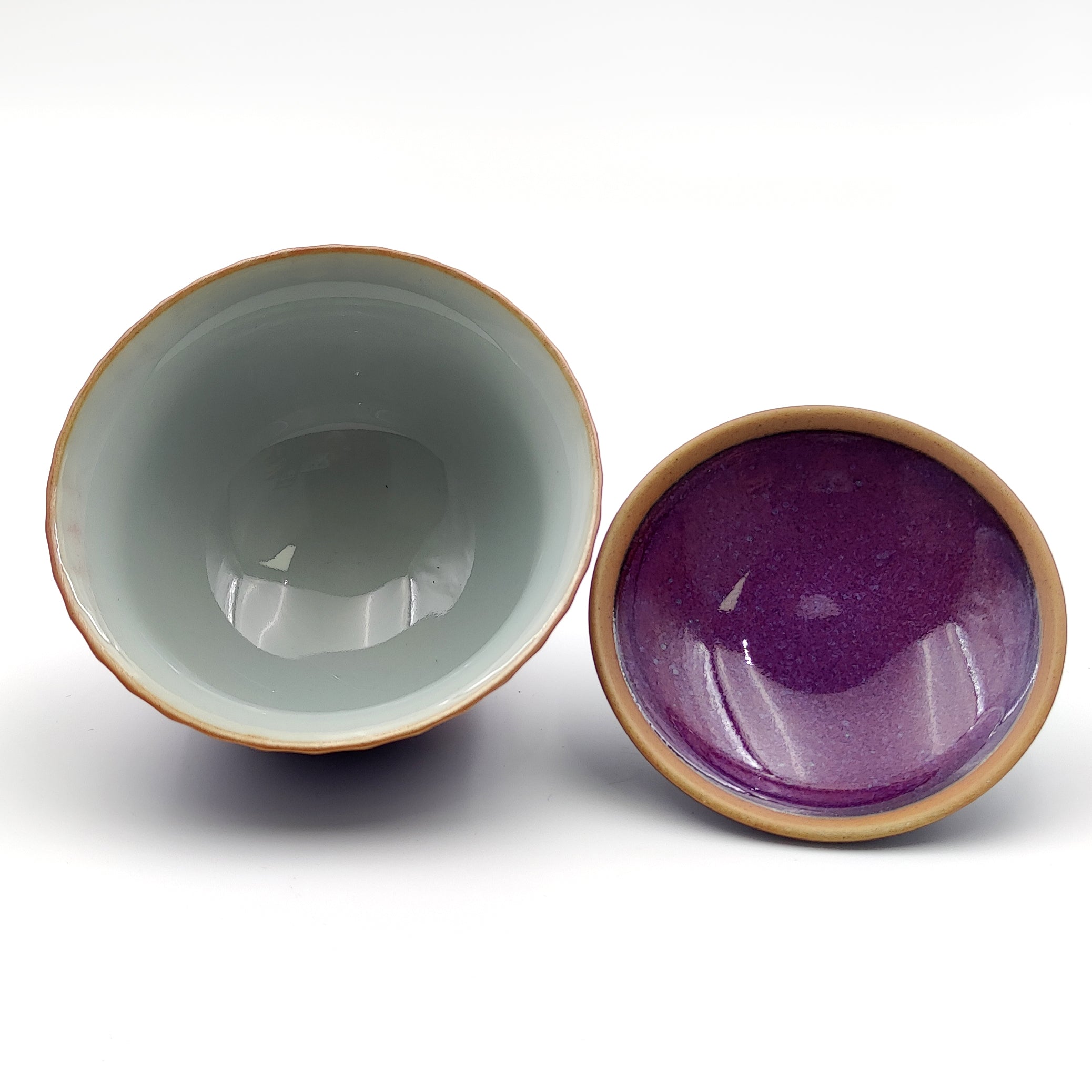 Petal-shaped Japanese gaiwan with kiln-transformed glaze showcasing crystalline patterns