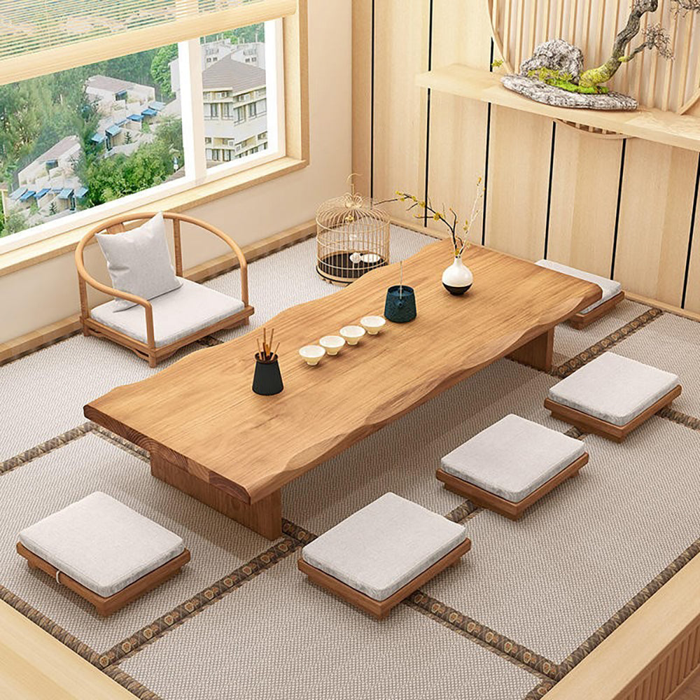 Elegant pine wood tea table set styled in a modern living room.