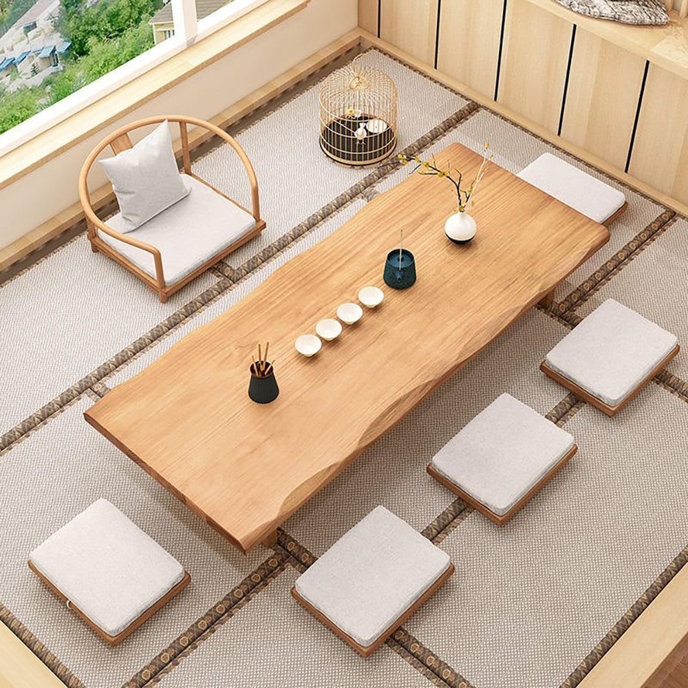 Elegant pine wood tea table set styled in a modern living room.