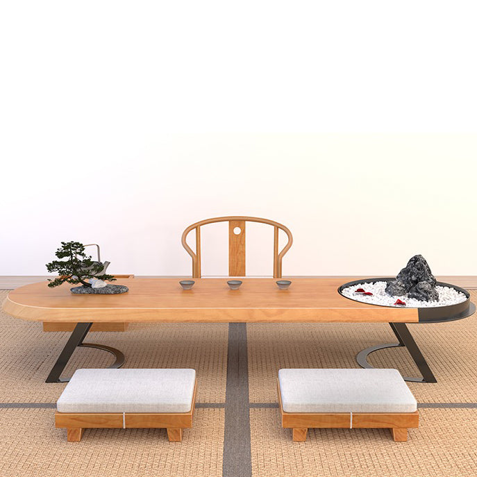 Elegant Japanese pine wood tatami tea table set with beautiful finish and wrought iron accents.