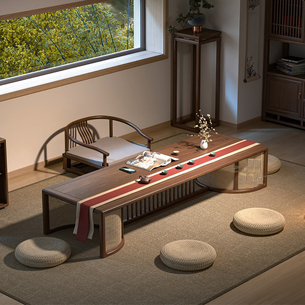 Elegant black walnut Japanese tea table showcasing intricate wood grain and smooth finish.