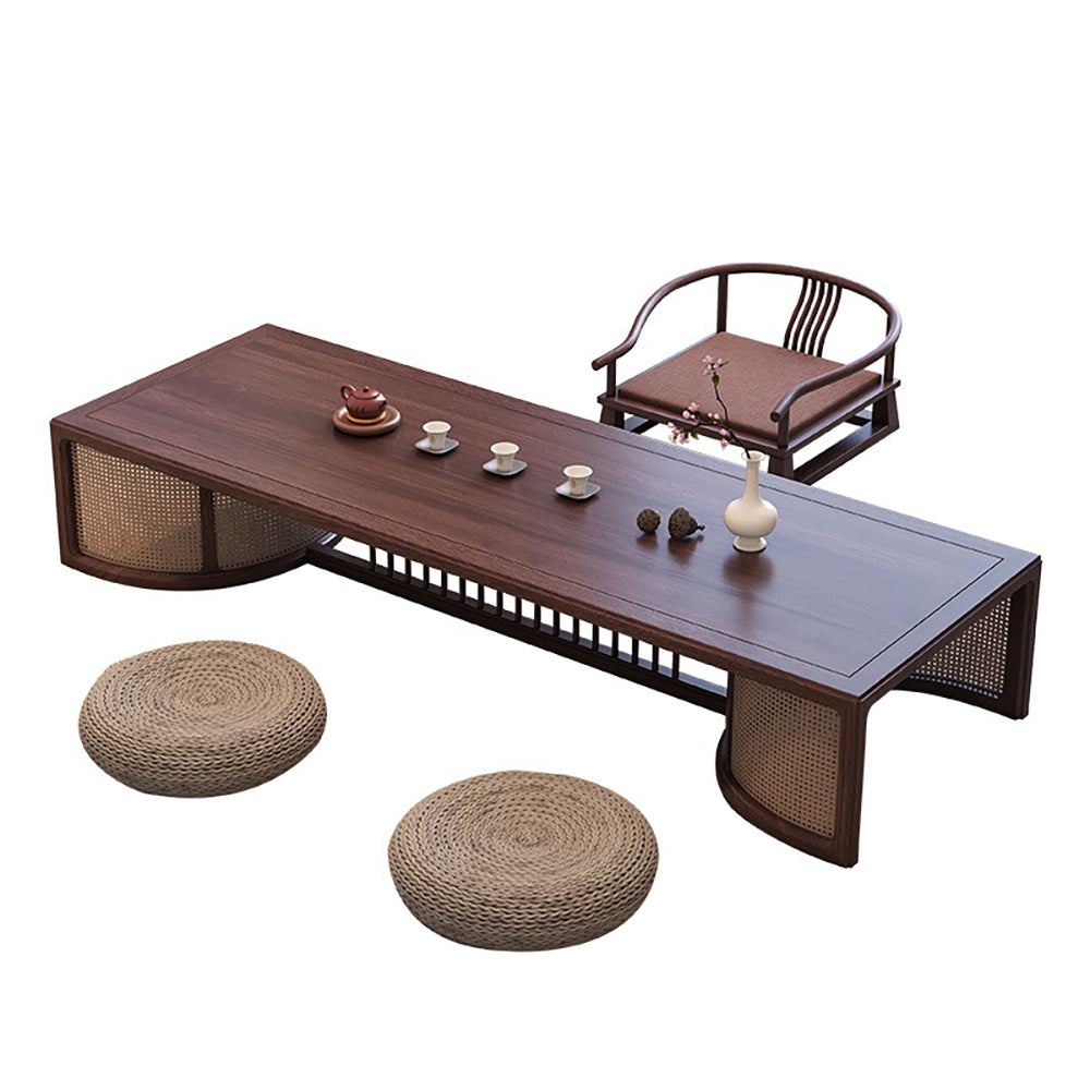 Side view of handcrafted wooden tea table set, highlighting its rustic charm and sturdy construction.