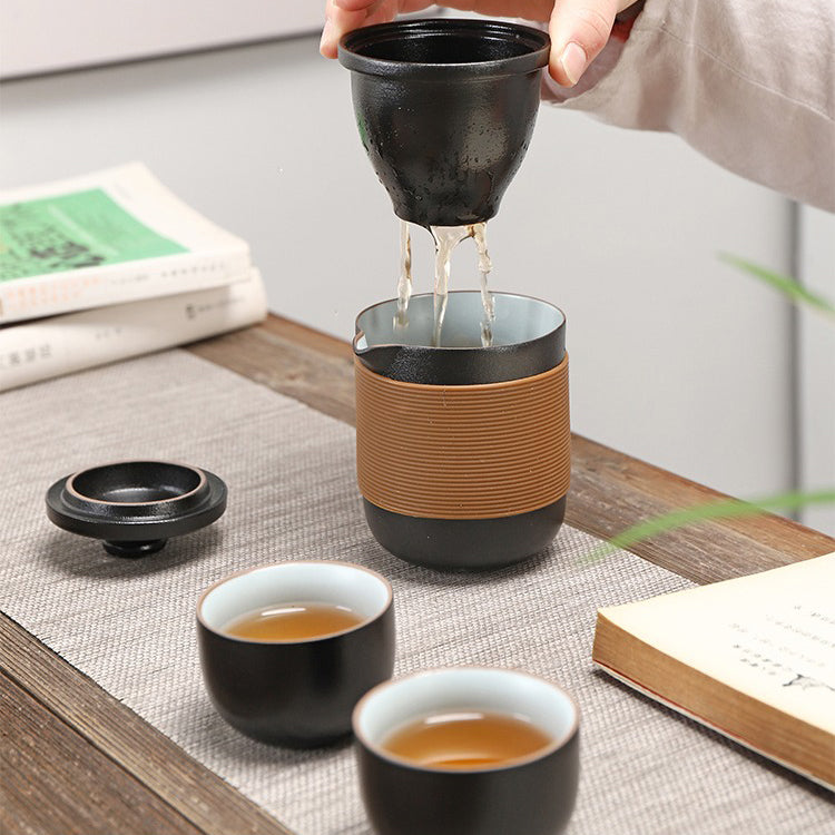 Compact travel tea set with accessories, showcasing its portable design for tea lovers.