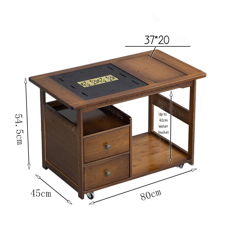 Mobile bamboo tea cart with adjustable shelves for tea ceremony setup