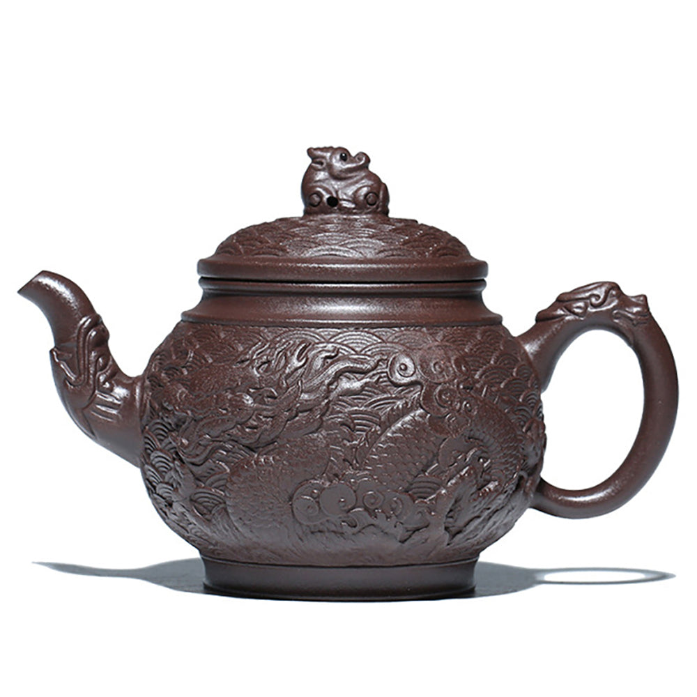 Close-up view of the majestic purple clay dragon teapot featuring detailed relief work.
