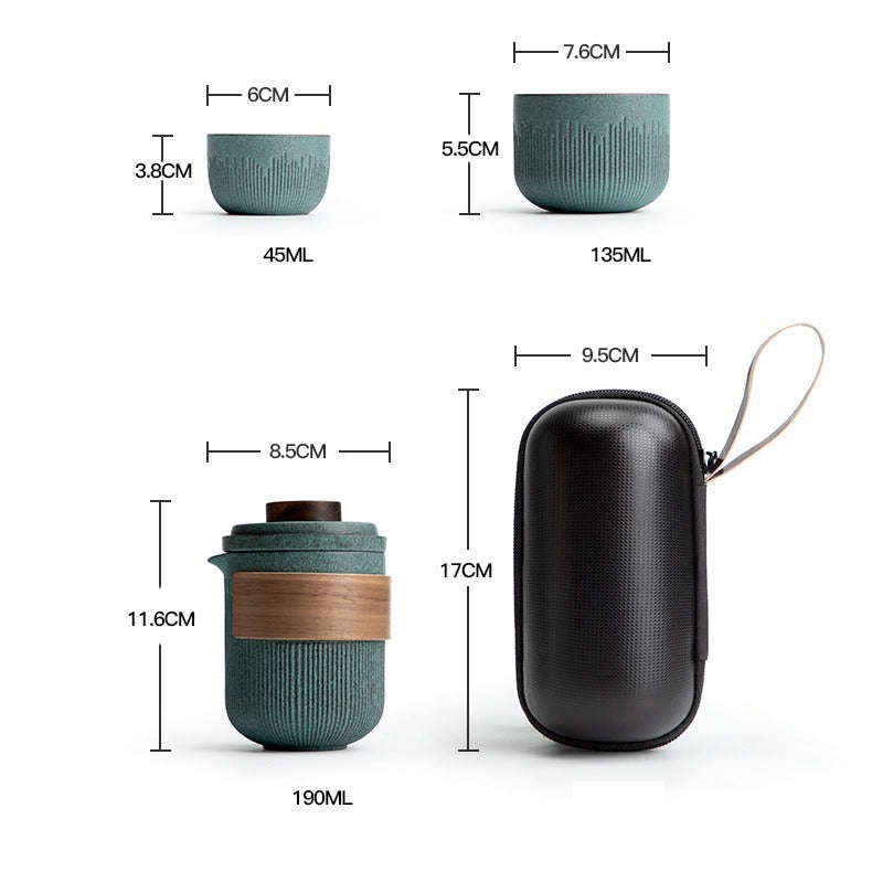 Top-down view of the portable ceramic tea set arranged inside its travel bag, showcasing compact storage.