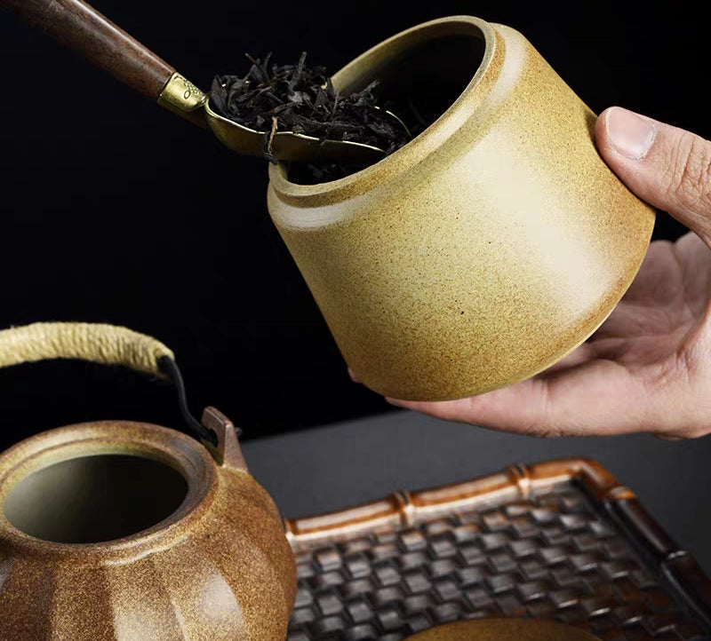 Complete Japanese vintage gongfu tea set with teapot, strainer, and tea caddy