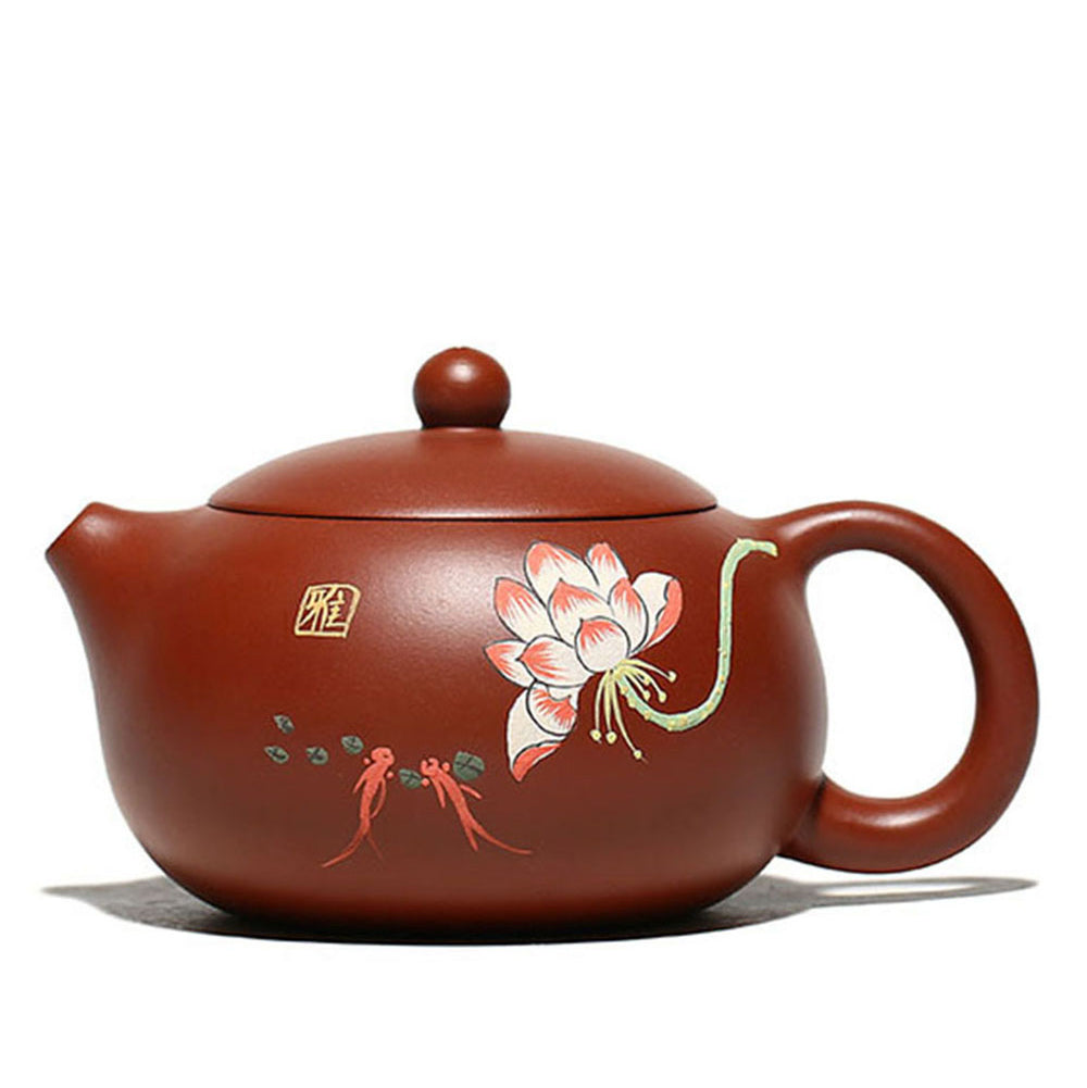 Close-up of handcrafted Yixing red clay lotus teapot showcasing detailed floral design