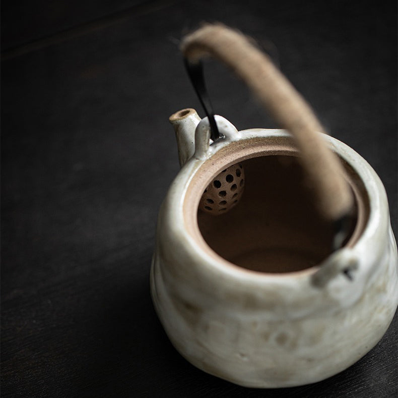 Front view of a handmade Japanese coarse pottery teapot with traditional design