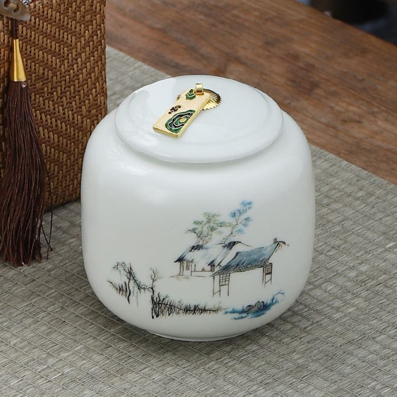 Elegant porcelain tea caddy set with gift bag, showcasing its sleek design and functionality.